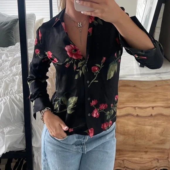 Vintage 90s Kate Hill Petite 100% Silk Floral Print Long Sleeve Blouse - Picture 1 of 9